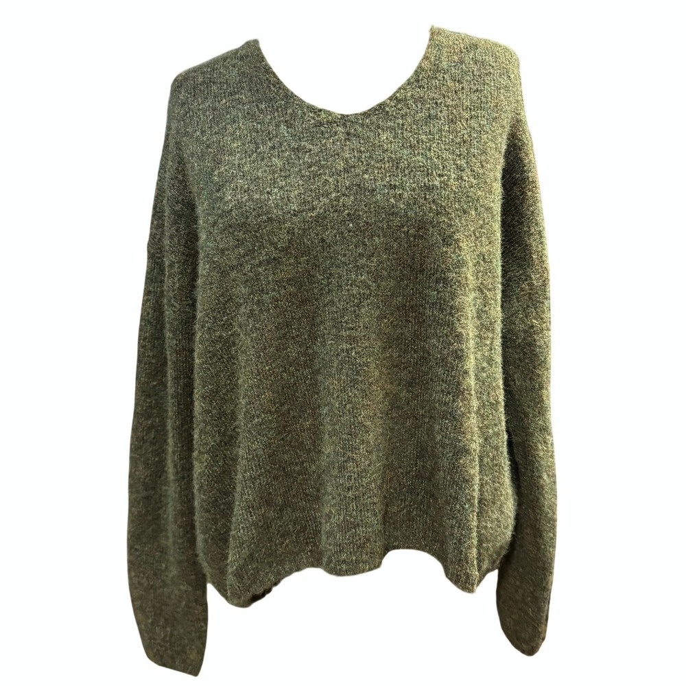 FOIL M Olive Green Marl V-Neck Oversize Knit Sweater Drop Shoulder Slouchy Hygge